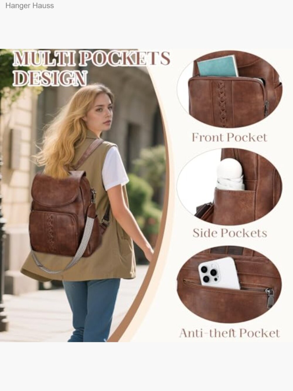 Vegan Leather Flap Backpack Convertible Handbag with Guitar Strap - Picture 5 of 6